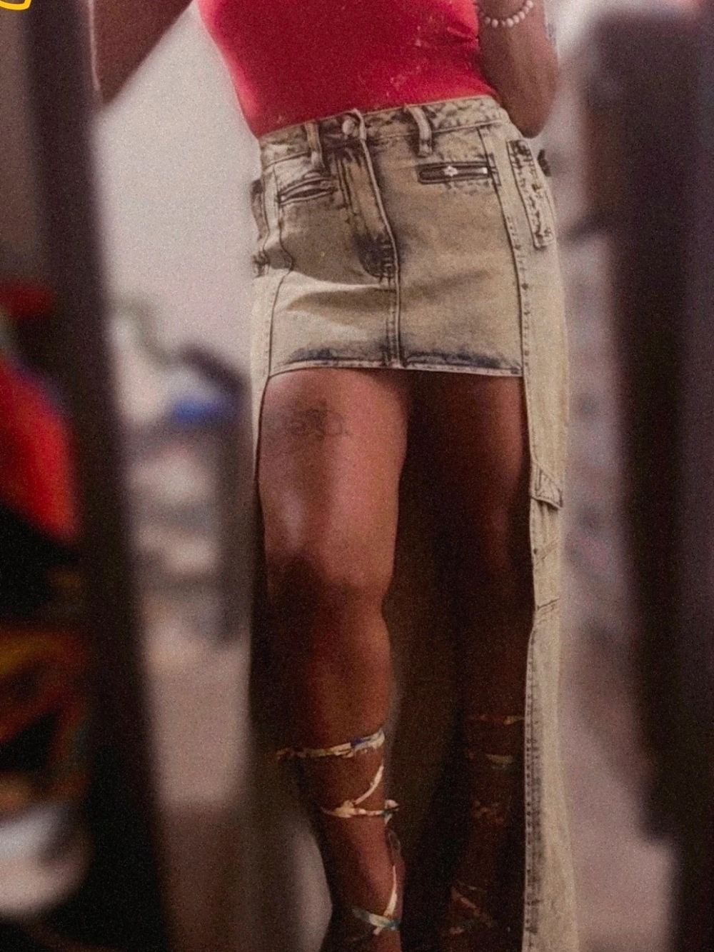 Asymmetrical High-Slit Denim Maxi Skirt - Cream Wash